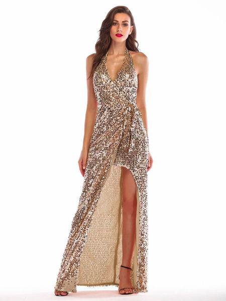 Milanoo Evening Dress Pink Sleeveless Backless Polyester Sequins Split Gowns Long Party Dress Bodyco, Champagne  - buy with discount