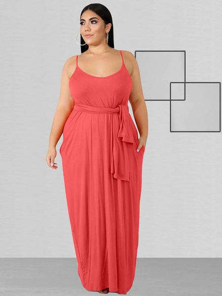 Plus Size Long Dress Jewel Neck Spaghetti Straps Sleeveless Polyester Casual Summer Maxi Slip Dress