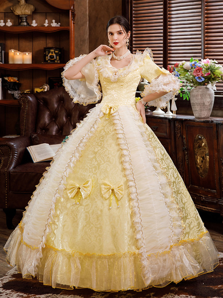 Image of Carnevale Bianco Retro costumi rococò pizzo manica lunga svasata tunica Ball Gown Dress Lolita con archi Halloween