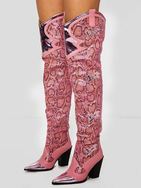 Image of Stivali western da donna Stivali a punta sopra il ginocchio con motivo a serpente Stivali in pelle con tacco grosso Stivali alti alla coscia
