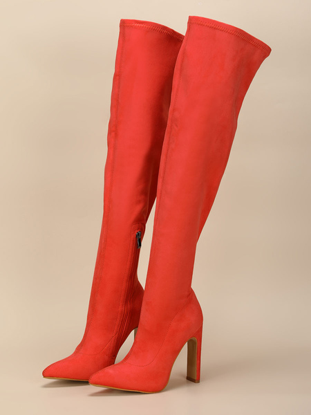 Image of Stivali sopra il ginocchio da donna Stivali alti alla coscia con tacco grosso e punta a punta in micro pelle scamosciata arancioni rossi