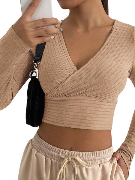 Image of Pullover per donna T-shirt in poliestere a maniche lunghe con scollo a V cammello