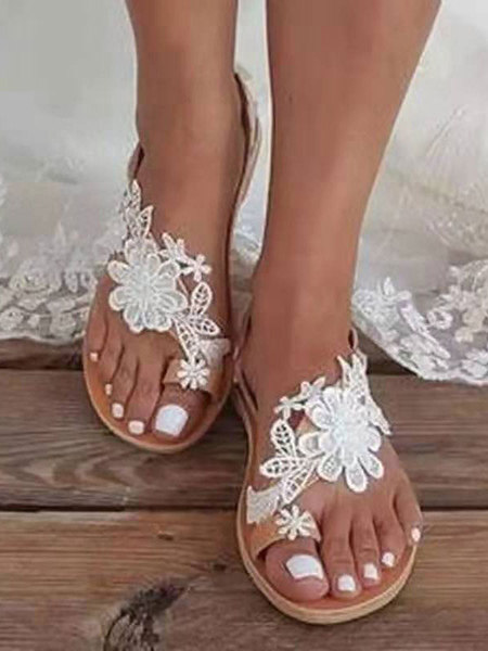 Women′s Bridal Shoes Embroidered Lace Flat Bridal Sandals
