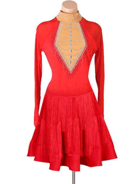 Image of Costume da ballo latino Abito da donna in poliestere rosso con frange di strass sexy Abbigliamento da ballo ballerino latino