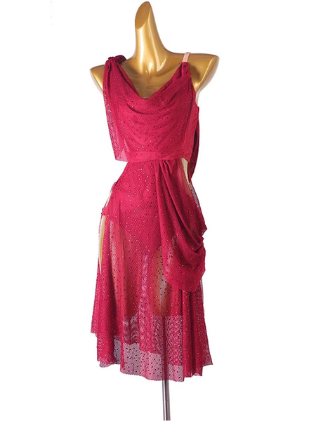 Image of Abiti da ballo latino Borgogna Borgogna Strass da donna aperta Bodycon Sexy Polyester Dress Dress Dancing Costume