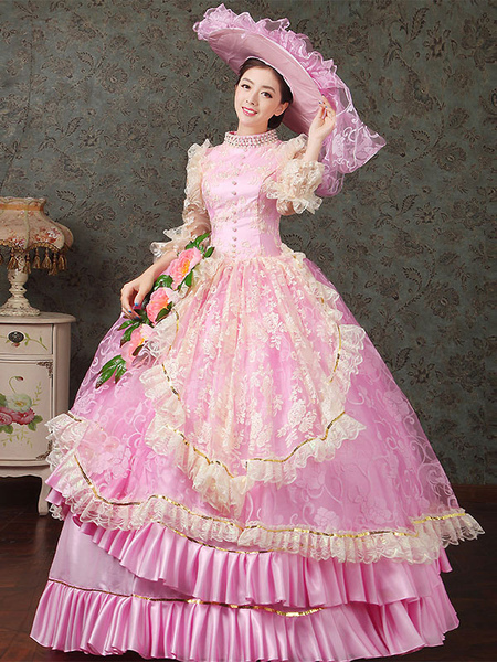 Image of Costumi retrò rosa Costume da donna con volant in pizzo e tunica in poliestere Cappello vintage Marie Antoinette Costume del 18° secolo