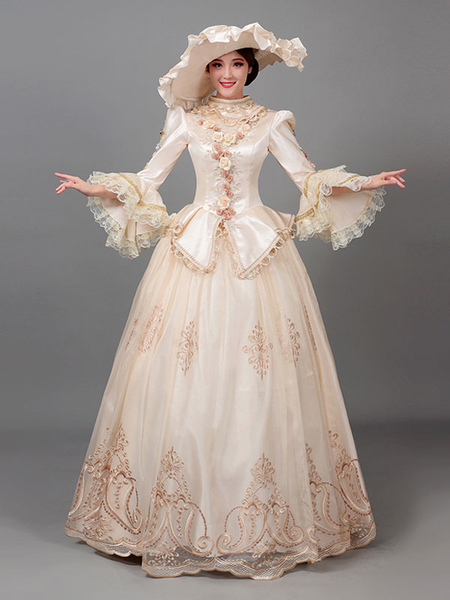 Image of Ecru Bianco Costumi retrò da donna Stampa floreale Fiori Ruffles Poliestere Marie Antoinette Costume Cappello a tunica Abito Vintage Abbigliamento vintage