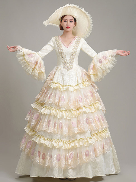 Image of Ecru bianco costumi retrò pizzo poliestere stampa floreale vestito da donna vintage Marie Antoinette costume tunica 18 ° secolo costume