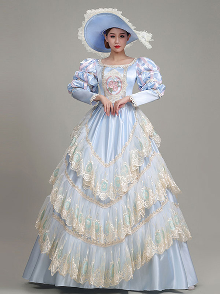 Image of Costumi retrò azzurro cielo Abito con stampa floreale in poliestere di pizzo Costume Marie Antoinette Tunica da donna in stile europeo Abbigliamento vintage