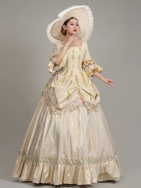 Image of Costumi retrò champagne Abito da donna con cappello a tunica in poliestere con volant in pizzo Costume da Marie Antoinette in stile europeo Abbigliamento vintage