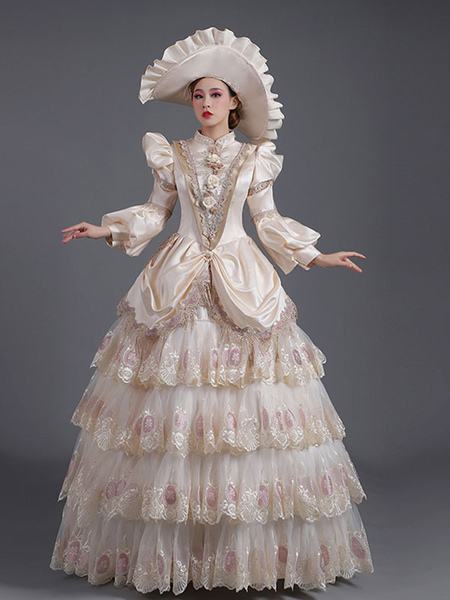 Image of Costumi retrò champagne Abito in poliestere di pizzo Tunica da donna in stile europeo Costume Marie Antoinette Abbigliamento vintage