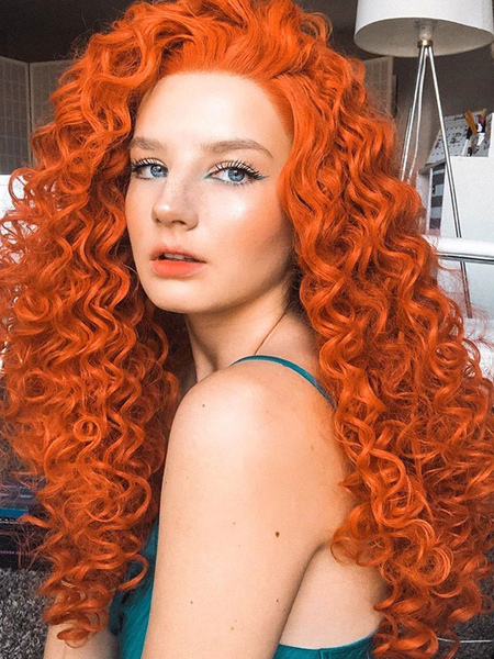 Image of Parrucca lunga per donna Parrucche sintetiche lunghe per capelli ricci arancioni in fibra resistente al calore