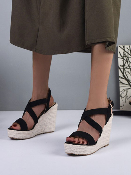 Women′s Round Toe Suede Leather WedgeEspadrilles Sandals