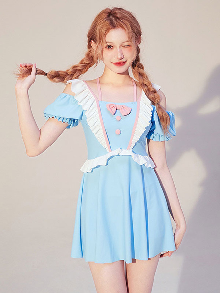 Image of Sweet Lolita Outfits Tuta a maniche corte con fiocchi azzurri con volant