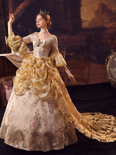 Image of Costumi retrò dorati Abito in poliestere Costume Marie Antoinette Abbigliamento vintage da donna in stile europeo