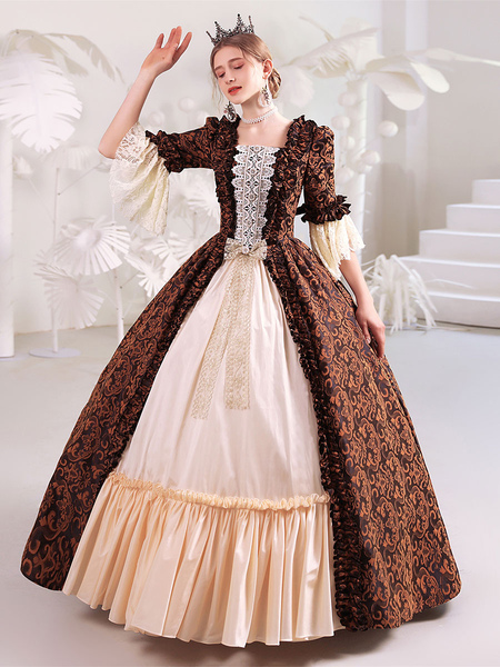 Coffee Brown Retro Costumes Polyester Dress Women′s Royal Marie Antoinette Costume Masquerade Ball G