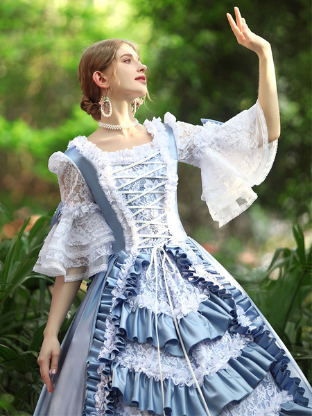 Image of Costumi retrò azzurro cielo Abito da donna in poliestere con balze in poliestere Marie Antoinette Abbigliamento vintage in stile europeo