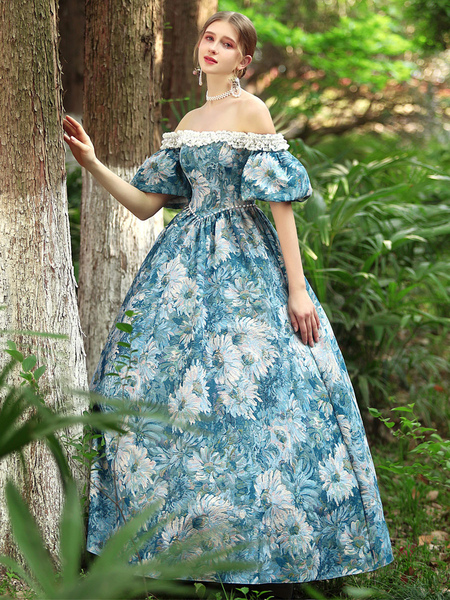 Image of Costumi retrò azzurro cielo Abito da donna in poliestere con stampa floreale Costume gotico di Maria Antonietta Costume del XVIII secolo
