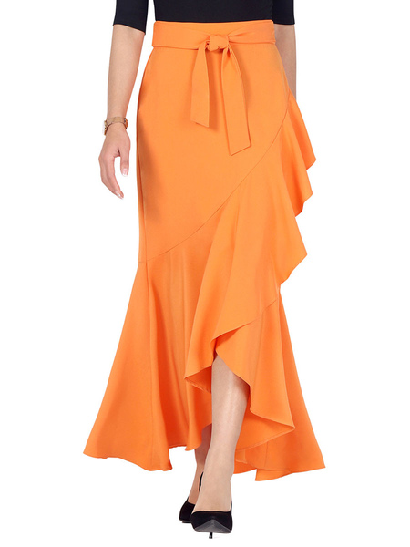 Women Skirt Orange Ruffles Cotton Blend Long Raised Waist Irregular Autumn And Winter Women Bottoms