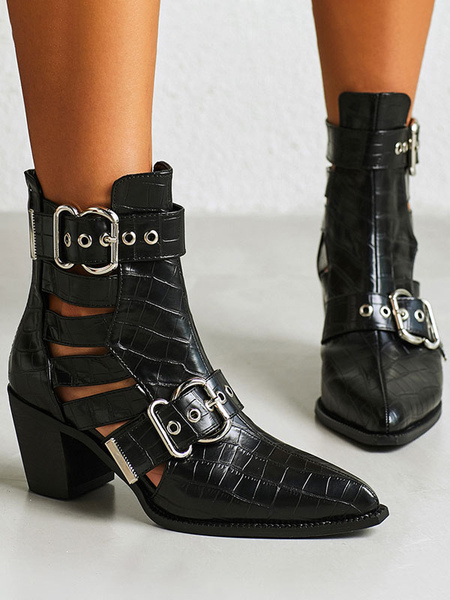 Image of Stivali da donna caviglia fibbia nera puntata con bottini tacchi a blocchi di punta