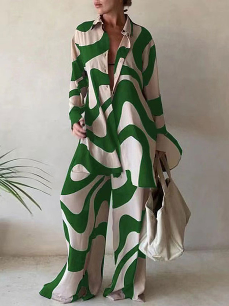 Image of Completi da due pezzi in poliestere verde casual Top a maniche lunghe a maniche lunghe con colletto alla rovescia per le donne