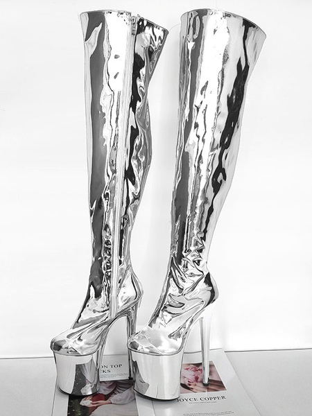 Image of Stivali sexy da donna Stivali alti alla coscia con plateau argento