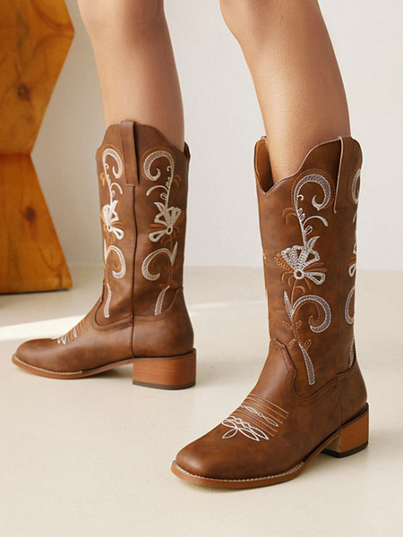 Image of Stivali da donna a metà polpaccio Stivali da cowboy con punta tonda in pelle PU Scarpe da sposa da cowgirl