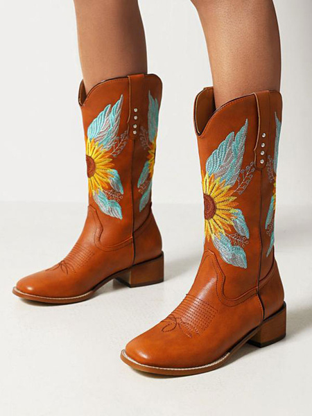 Image of Stivali da donna a metà polpaccio Stivali da cowboy con punta arrotondata in pelle PUScarpe da sposa da cowgirl