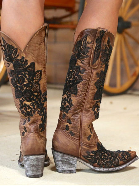 Image of Stivali da donna a metà polpaccio Stivali da cowboy a punta in pelle PU Stivali con tacco a forma di cucciolo