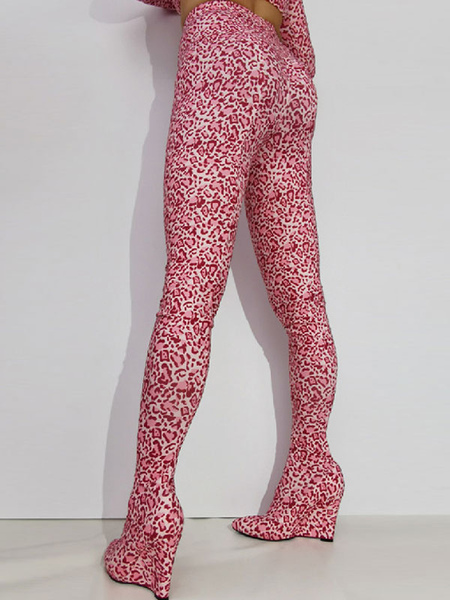 Image of Scarpe con pantaloni da donna Stivali alti alla coscia con stampa leopardata con zeppa