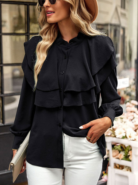 Image of Camicetta per donna Top in poliestere a maniche lunghe casual con collo gioiello nero