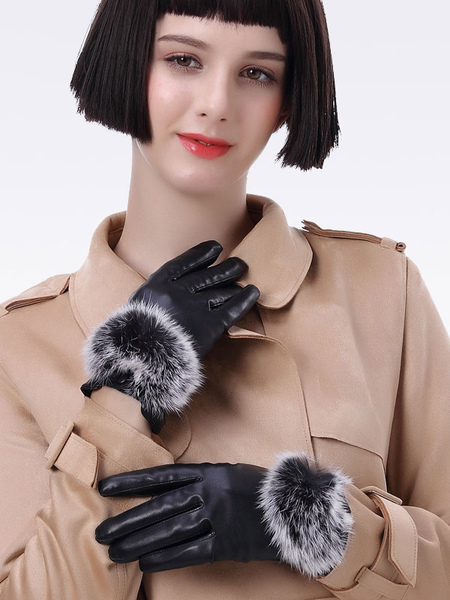 Image of Guanti corti impermeabili in pelle invernale riscaldati da donna con decorazioni in pelliccia sintetica