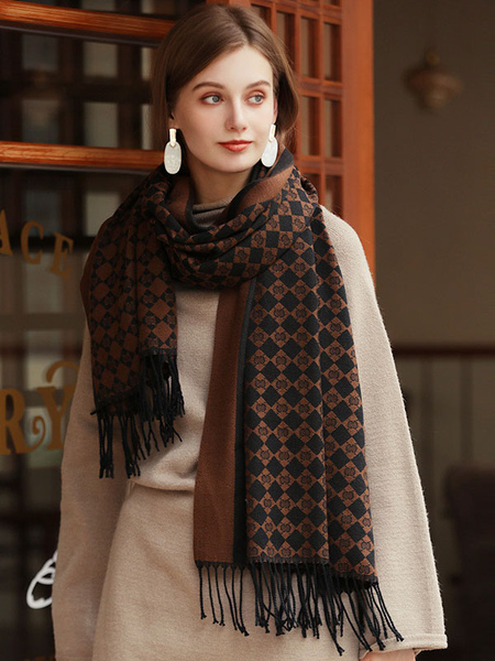 Image of Sciarpa da donna marrone caffè Sciarpa lunga calda invernale in fibra di poliestere scozzese attraente