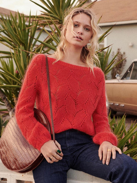 Image of Pullover per donna Maglioni di lana a maniche lunghe con scollo gioiello rosso tagliato