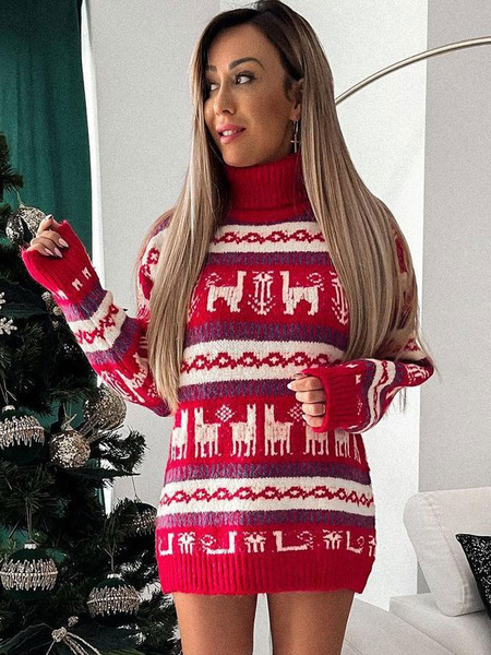 Image of Abito maglione 2023 Pullover natalizio in maglia a collo alto da donna