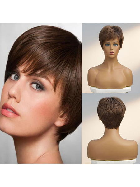 Image of Parrucche per capelli umani Parrucca corta da donna unisex per capelli castani lisci lisci con capelli misti