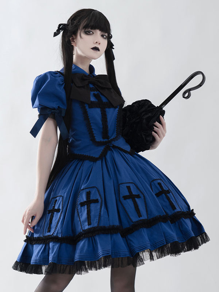 Image of Abiti Gothic Lolita Top con gonna a maniche corte con fiocco grigio con volant