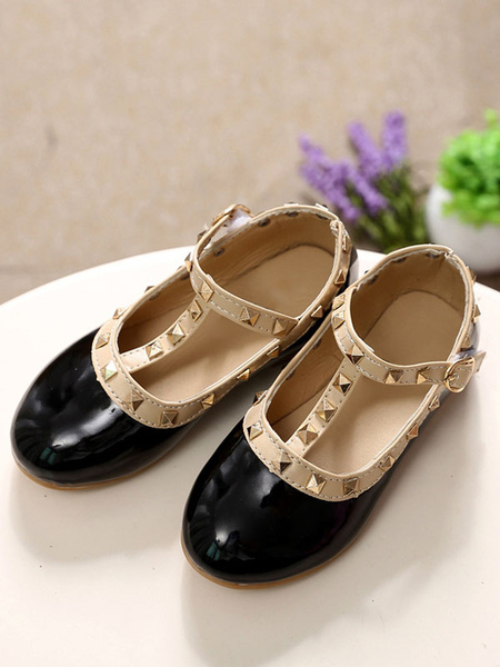 Image of Flower Girl Shoes Scarpe Rivetti in pelle nera Scarpe da festa per bambini