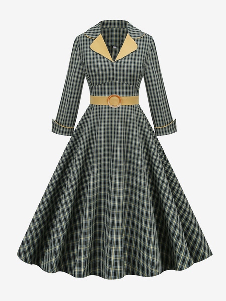 Image of Abito vintage anni &#39;50 stile Audrey Hepburn colletto rovesciato maniche lunghe abito rockabilly scozzese medio da donna