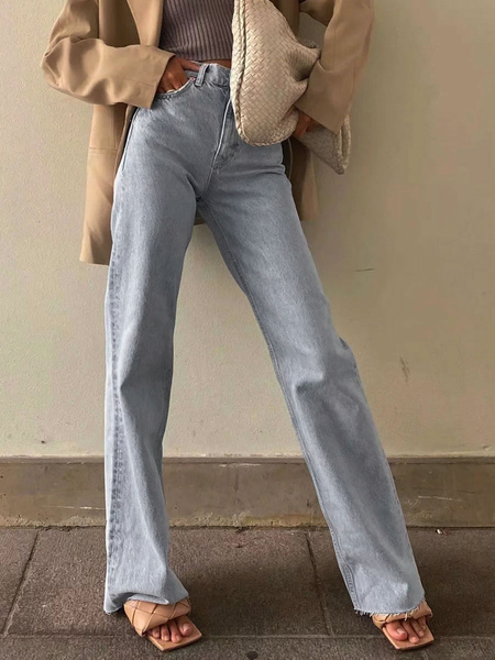 Image of Jeans per donna Pantaloni dritti in denim con cerniera in vita con bottone a vita rialzata con cerniera casual