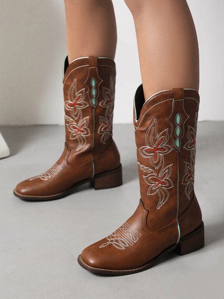 Image of Stivali a metà polpaccio Stivali da cowboy con punta tonda in pelle PU Scarpe da sposa da cowgirl