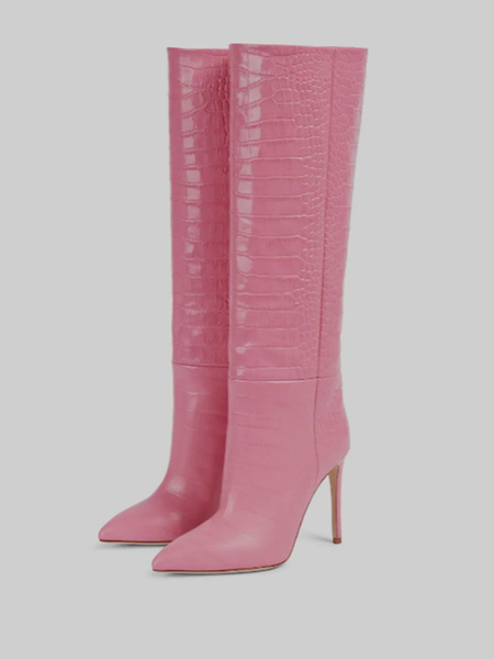 Image of Stivali al ginocchio rosa Stivali da donna larghi al polpaccio con motivo serpente in pelle lucida