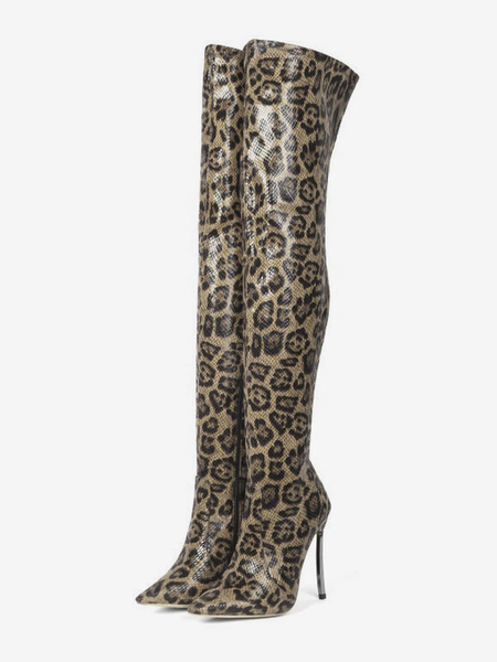 Image of Stivali da donna Stivali sopra il ginocchio in pelle PU con stampa leopardata e tacco a spillo