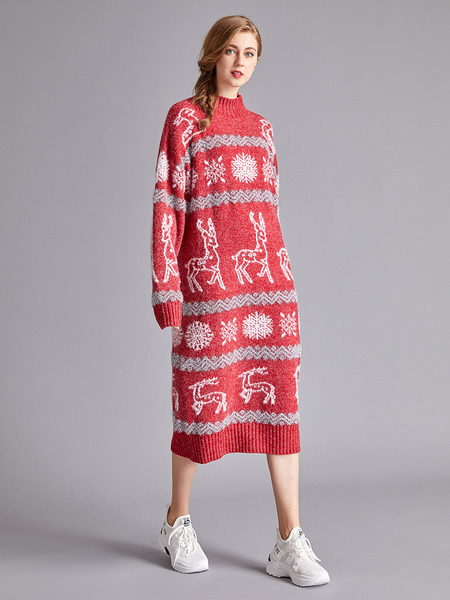 Image of Abito natalizio lavorato a maglia per le donne Abiti invernali con collo alto e maniche lunghe in acrilico con stampa animalier