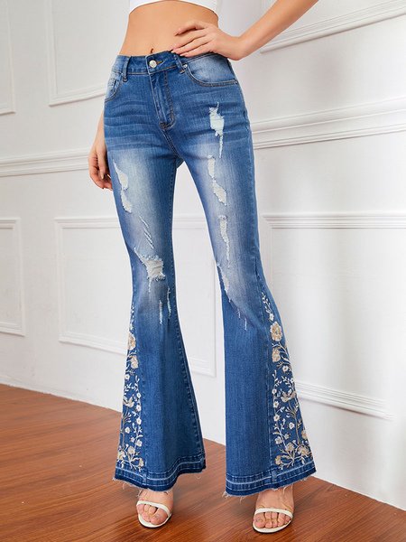 Image of Jeans svasati per donna a vita media con ricami strappati a zampa d&#39;elefante 2024