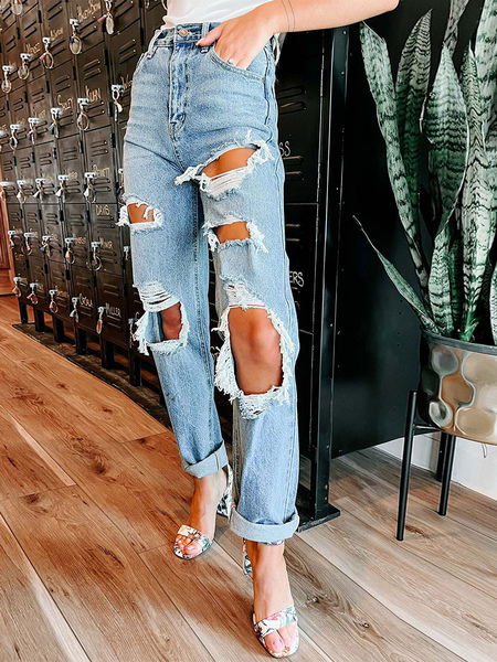 Image of Jeans strappati per donna fondo in cotone dritto a vita alta 2024