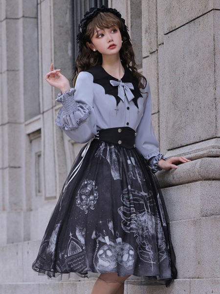 Image of Gothic Lolita Outfit Blusa con gonna a maniche lunghe con volant blu