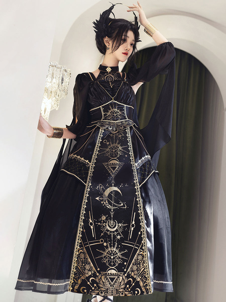 Image of Abiti Gothic Lolita Abito corto senza maniche patchwork oro nero