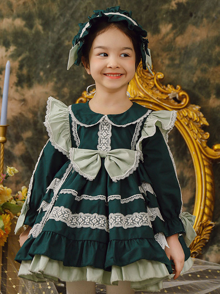 Image of Abito da autunno in cotone a maniche lunghe in pizzo da tea party in poliestere Abiti Lolita per bambini verde scuro stile ROCOCO