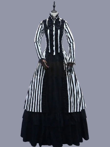 Image of Costumi retrò neri Strisce da donna Increspature di pizzo Poliestere Costume da Maria Antonietta Abito a tunica Abbigliamento vintage retrò